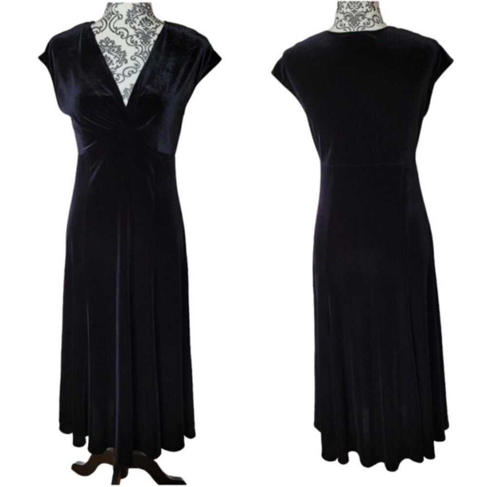 Maggy London black velvet v-neck midi dress size 8